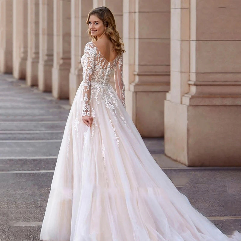 Sexy Lace Simple Elegant Mopping Wedding Dresses V-neck Long Sleeves Plain White Pretty Fascinating Bridal Gowns Backless 2023-payinti