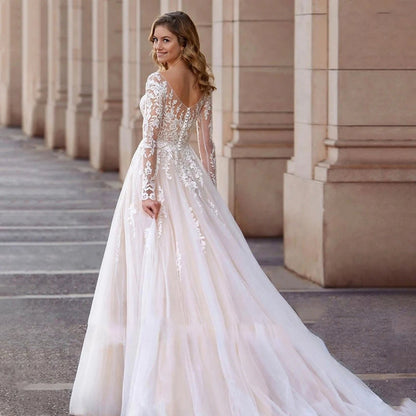 Sexy Lace Simple Elegant Mopping Wedding Dresses V-neck Long Sleeves Plain White Pretty Fascinating Bridal Gowns Backless 2023-payinti