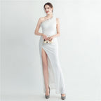 Hand Nailed Ostrich Feather Off Shoulder Sequined Evening Dress with Roman Collar