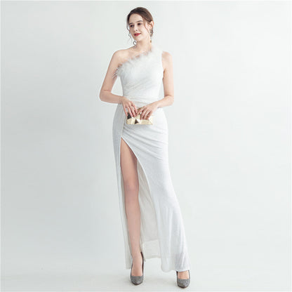 Hand Nailed Ostrich Feather Off Shoulder Sequined Evening Dress with Roman Collar