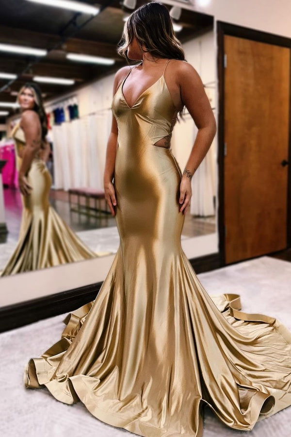 Elegant Long Mermaid V-neck Backless Formal Prom Dresses