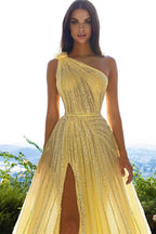 A-Linien-Ballkleid aus gelbem Tüll mit One-Shoulder-Ausschnitt, Schlitz vorne und Pailletten