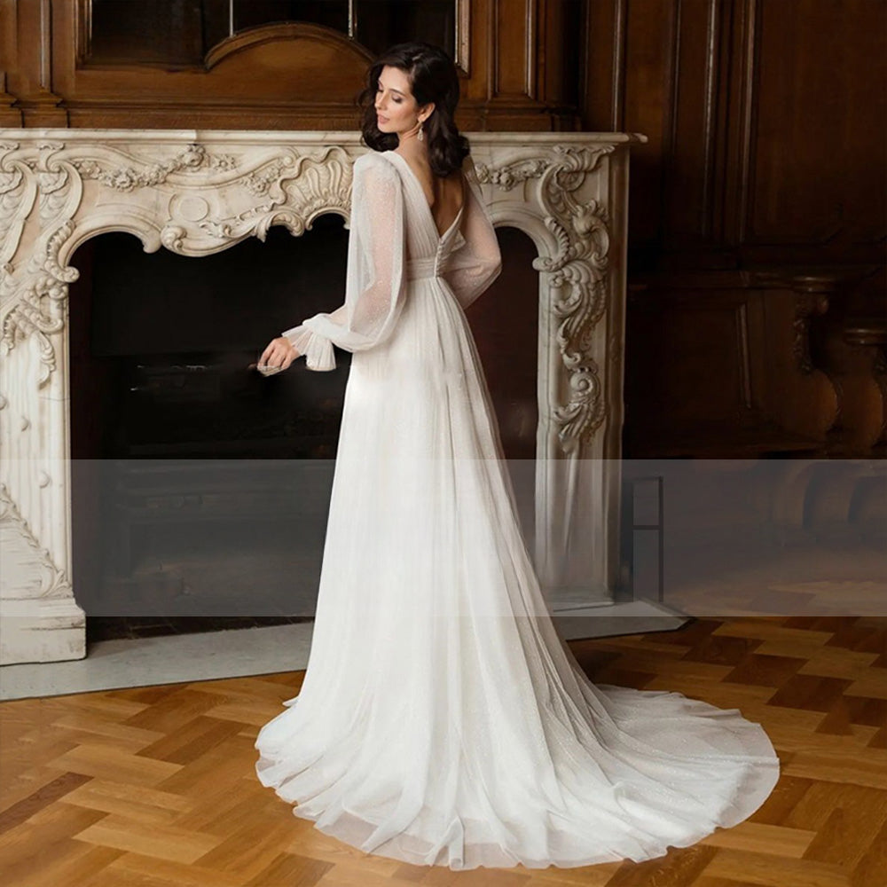 Elegant Glitter Tulle Deep V-Neck Wedding Dresses Princess Shiny Lantern Sleeves Backless A-Line Pleated Bridal Gowns-payinti