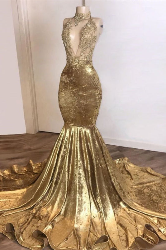 Vestido de fiesta largo de sirena sin mangas con apliques de encaje y acabado dorado brillante