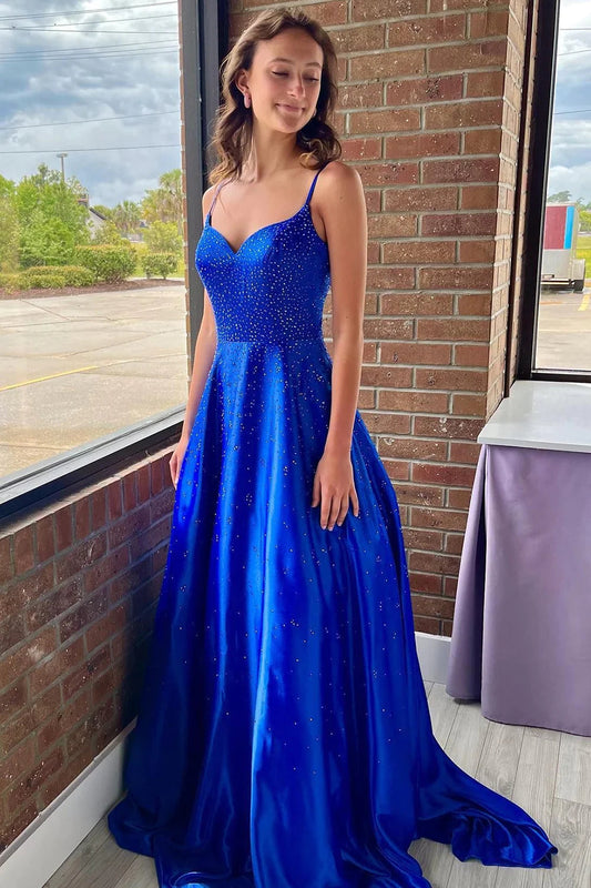 Athena | A-Linie Spaghettiträger Königsblau Langes Ballkleid mit Perlen