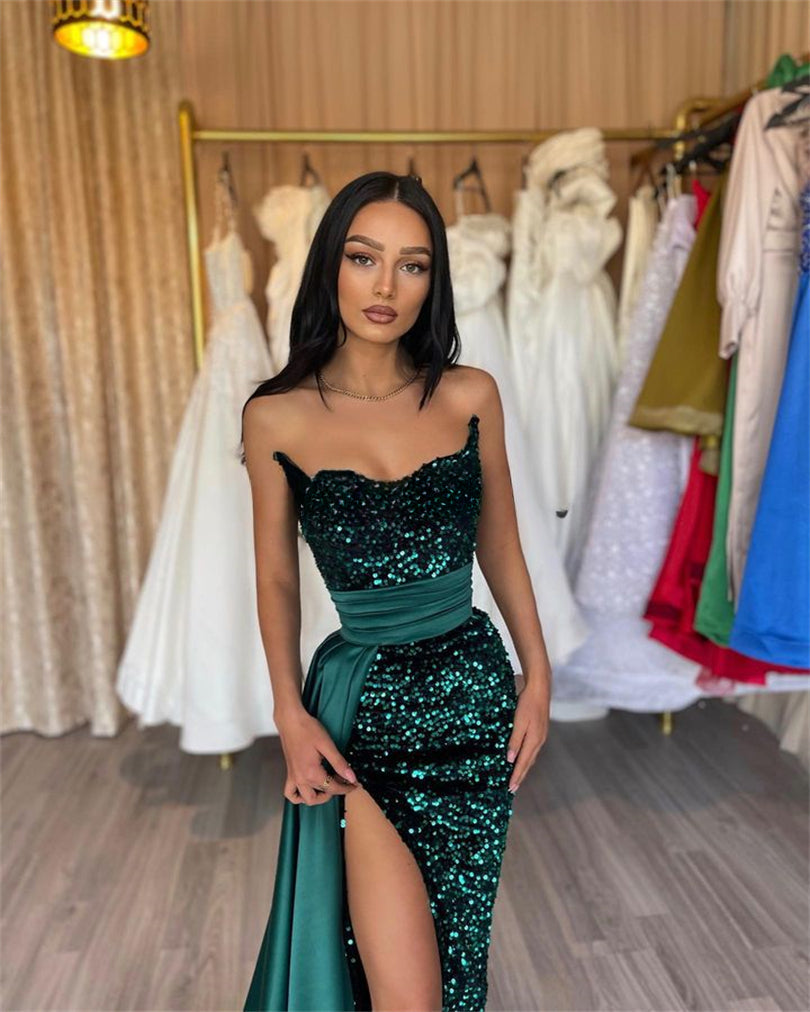 Dark Green Glittter Mermaid Evening Dresses For Wedding V-Neck Off Shoulder Sequins Prom Dress Sexy High Side Slit Party Gowns-payinti