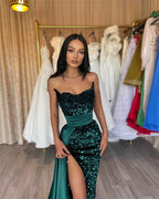 Dark Green Glittter Mermaid Evening Dresses For Wedding V-Neck Off Shoulder Sequins Prom Dress Sexy High Side Slit Party Gowns-payinti