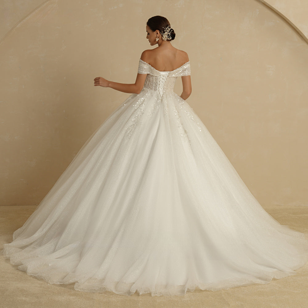 Ivory Beading Princess Wedding Dresses For Bride Off The Shoulder Sleeveless Women Glitter Ball Bridal Gown Robes-payinti