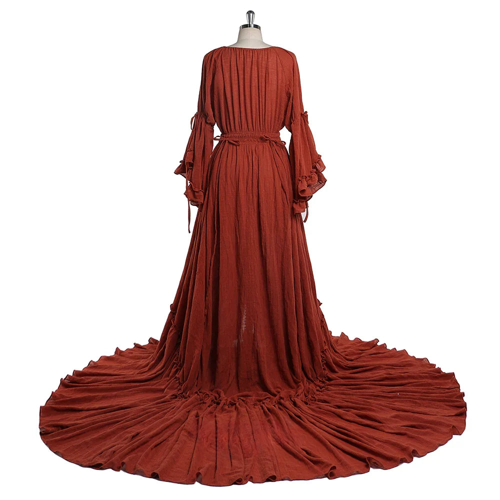 Deep V Neck Long Sleeves Maternity Dresses for Photo Shoot with Front Buttons and Adjustable Waist Sunnderly SY211202