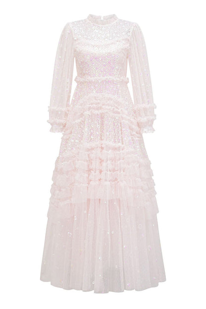 Sparkly Sequin Polka Dot Ruffle Mock Neck Tiered Tulle Maxi Evening Dress