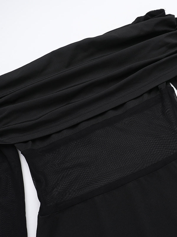 Long Sleeves Skinny Pleated See-Through Solid Color Split-Joint Off-The-Shoulder Evening Dresses Maxi Dresses