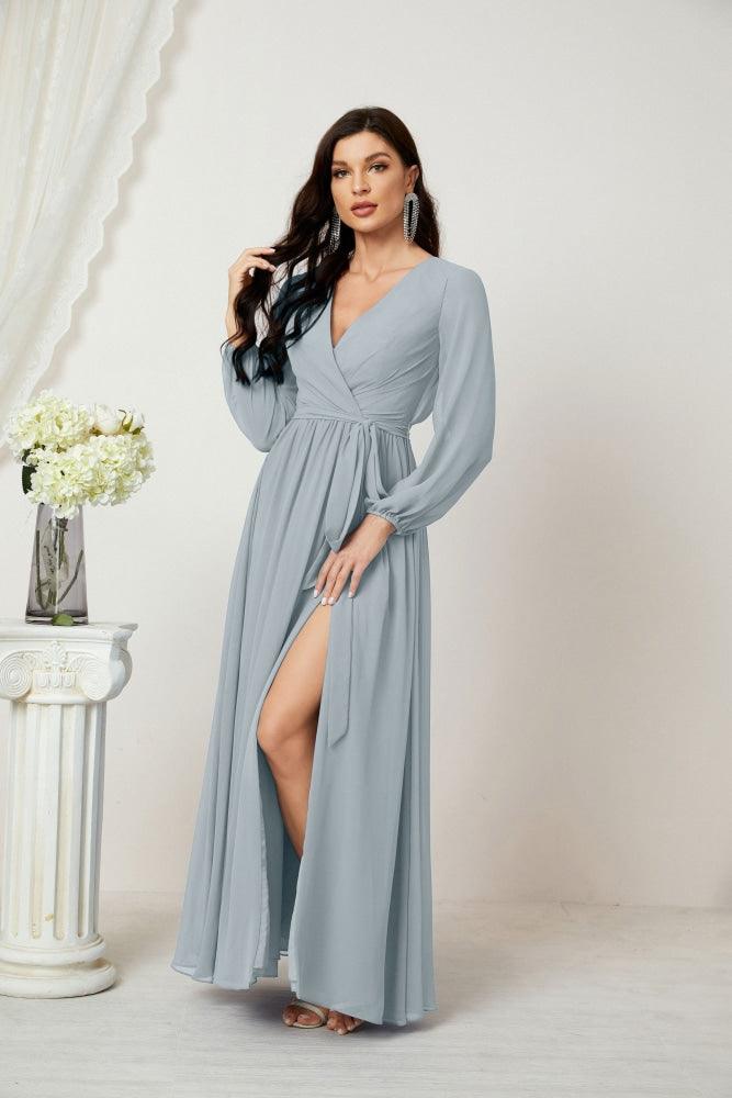 Vestidos de noche Sunnderly con escote en V profundo, gasa, para dama de honor, manga larga de obispo, abertura lateral, vestido formal SY2806 