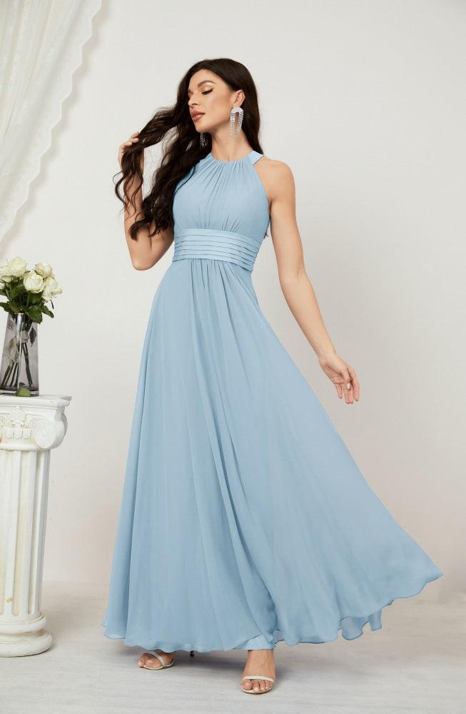 Vestido formal de fiesta Sunnderly de gasa con cuello halter, largo y sin mangas, para dama de honor SY2802 