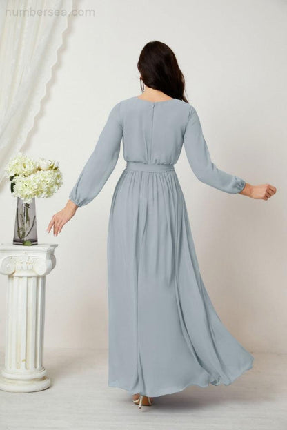 Sunnderly Evening Dresses Deep V-Neck Chiffon Bridesmaid Dresses Long Bishop Sleeve Side Split Formal Dress SY2806
