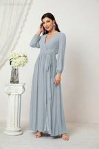 Vestidos de noche Sunnderly con escote en V profundo, gasa, para dama de honor, manga larga de obispo, abertura lateral, vestido formal SY2806 