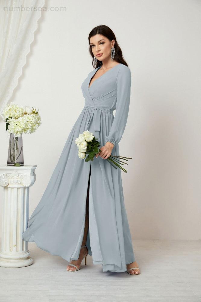 Vestidos de noche Sunnderly con escote en V profundo, gasa, para dama de honor, manga larga de obispo, abertura lateral, vestido formal SY2806 