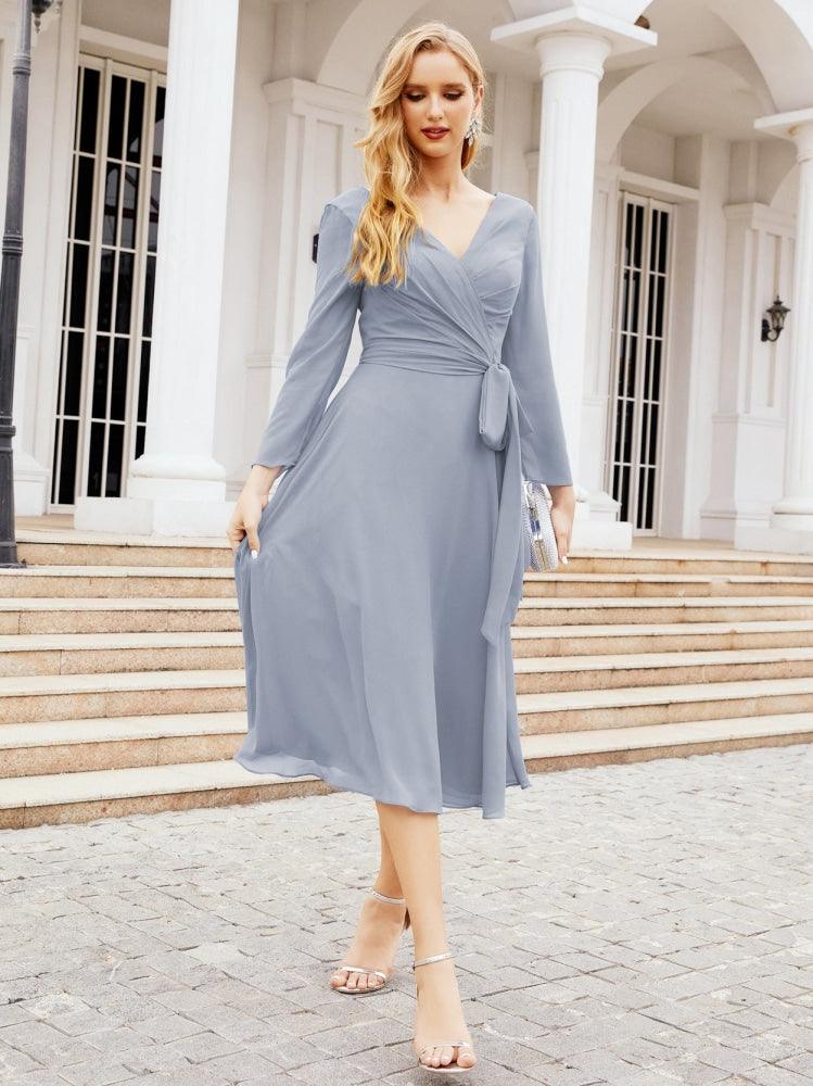 Vestido de dama de honor con escote en V y cinturón para madre de la novia, invitada de boda SY28031 