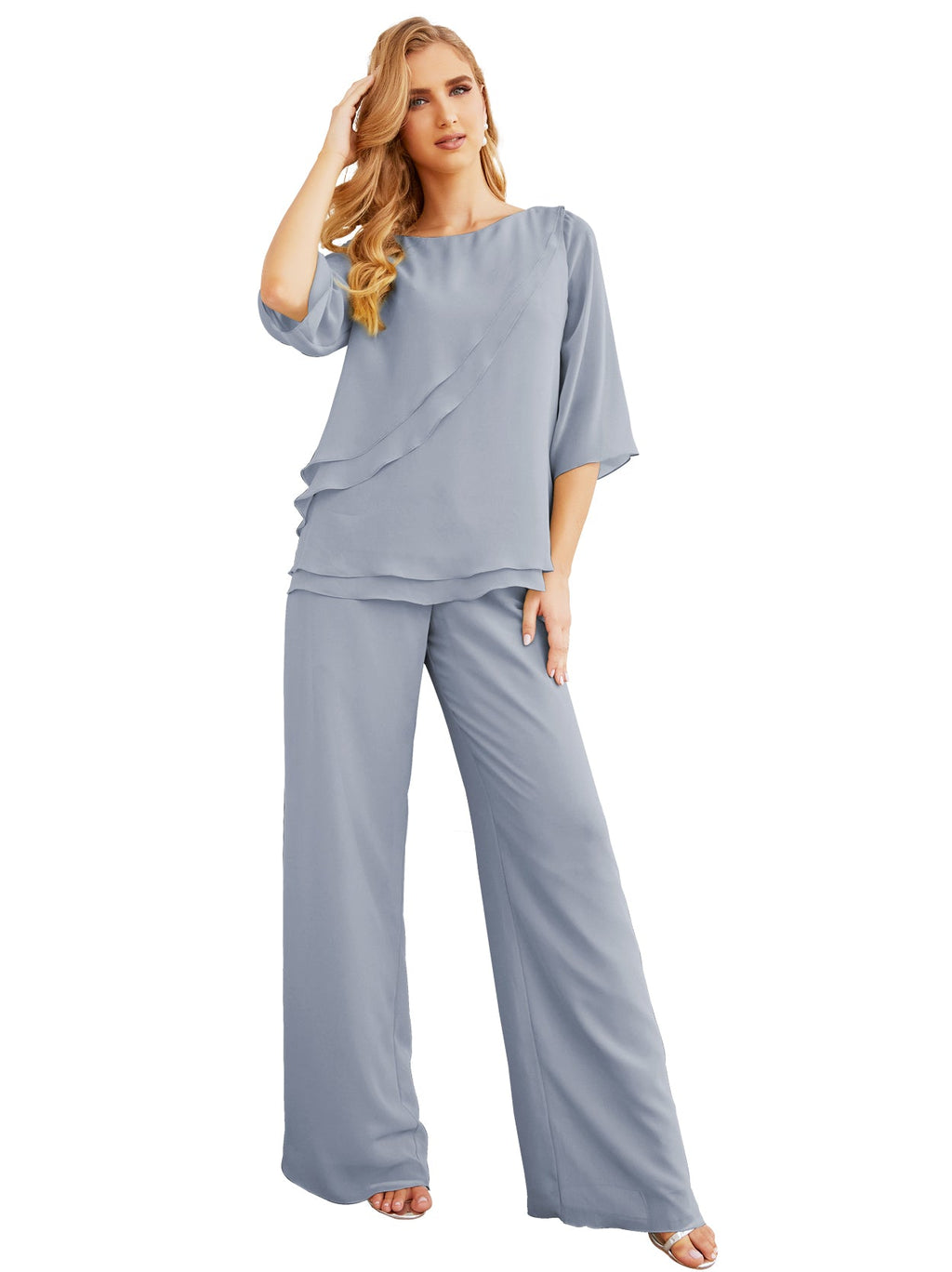 Elegante vestido de dos piezas para madre de la novia, talla grande, pantalón, capas con volantes, bata plateada SY28064 