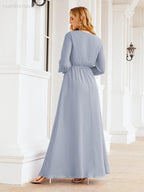 Sunnderly Women's Chiffon Bridesmaid Dress A line Long Sleeves Formal Evening Prom Gown for Wedding Guest SY28032