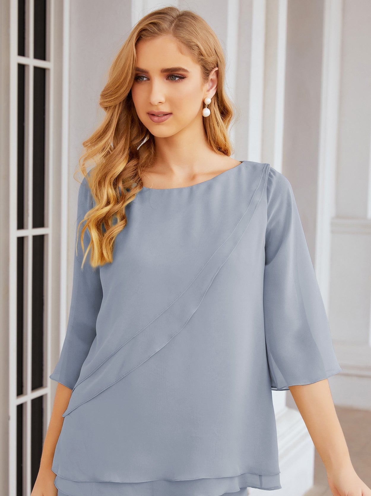 Elegante vestido de dos piezas para madre de la novia, talla grande, pantalón, capas con volantes, bata plateada SY28064 