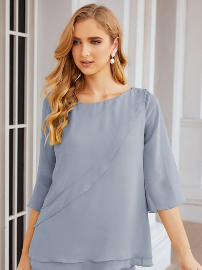 Sunnderly Elegant 2 Piece Mother of The Bride Dress Plus Size Pant Suits Ruffle Layers Sliver Housecoat SY28064