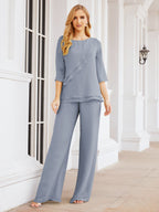 Elegante vestido de dos piezas para madre de la novia, talla grande, pantalón, capas con volantes, bata plateada SY28064 