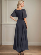 Vestido de gasa para madre de la novia con escote en V, largo hasta los tobillos, corte A y lentejuelas plisadas con cuentas