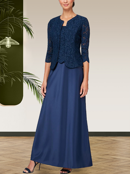Jackenkleid aus Glitzerspitze und Satinrock mit offener Jacke
