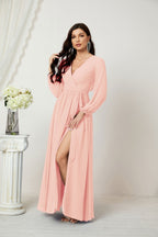 Vestidos de noche Sunnderly con escote en V profundo, gasa, para dama de honor, manga larga de obispo, abertura lateral, vestido formal SY2806 