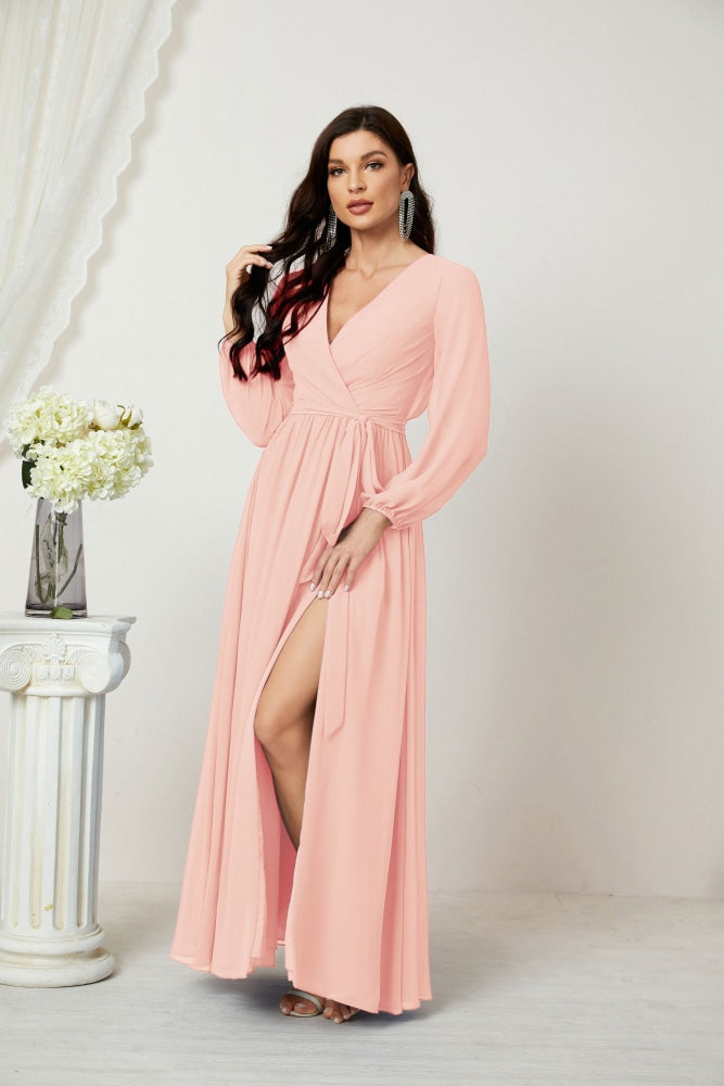 Vestidos de noche Sunnderly con escote en V profundo, gasa, para dama de honor, manga larga de obispo, abertura lateral, vestido formal SY2806 
