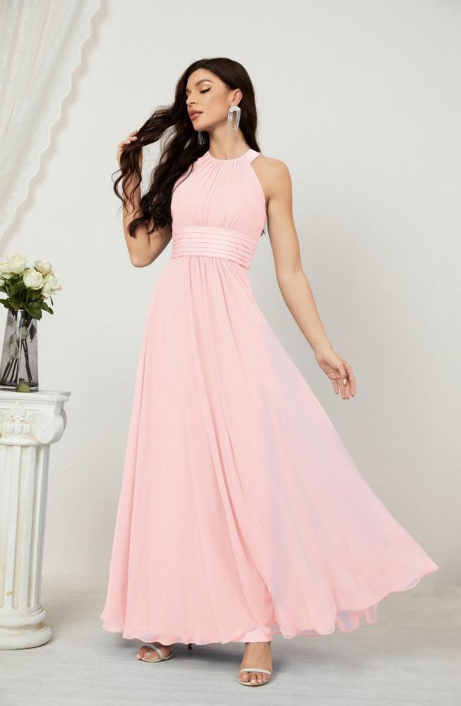 Vestido formal de fiesta Sunnderly de gasa con cuello halter, largo y sin mangas, para dama de honor SY2802 