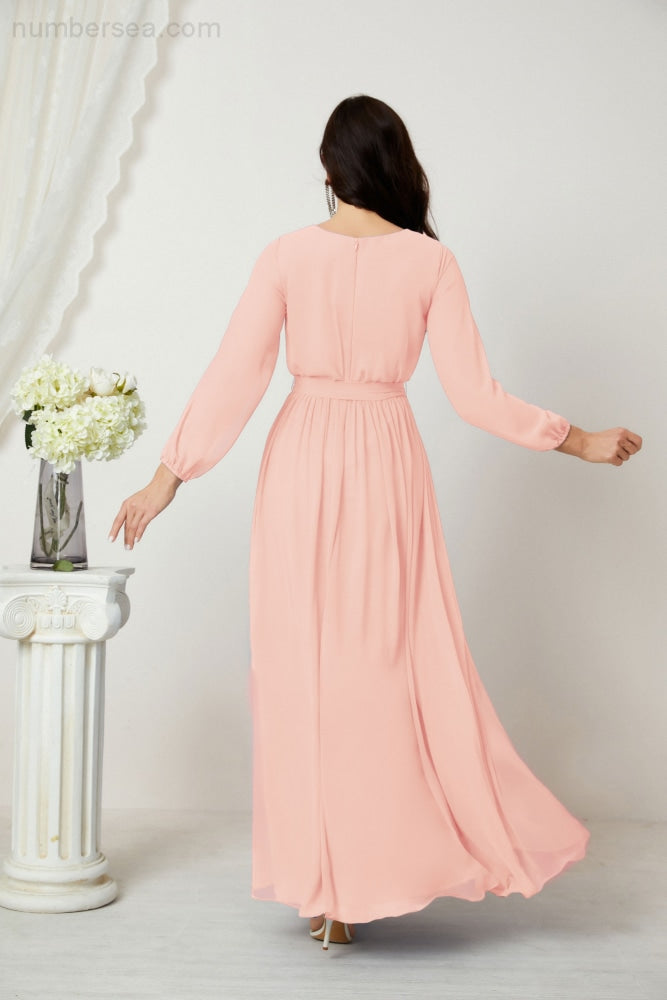 Vestidos de noche Sunnderly con escote en V profundo, gasa, para dama de honor, manga larga de obispo, abertura lateral, vestido formal SY2806 