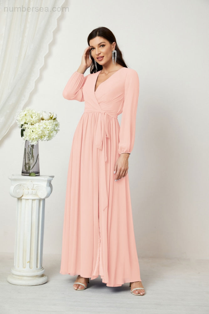 Vestidos de noche Sunnderly con escote en V profundo, gasa, para dama de honor, manga larga de obispo, abertura lateral, vestido formal SY2806 