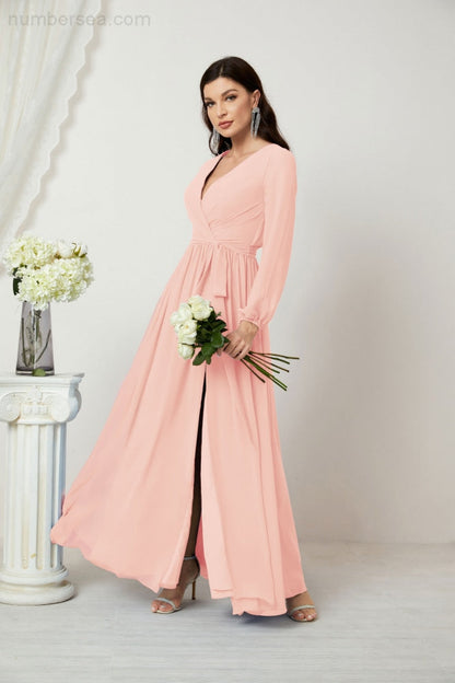 Sunnderly Evening Dresses Deep V-Neck Chiffon Bridesmaid Dresses Long Bishop Sleeve Side Split Formal Dress SY2806