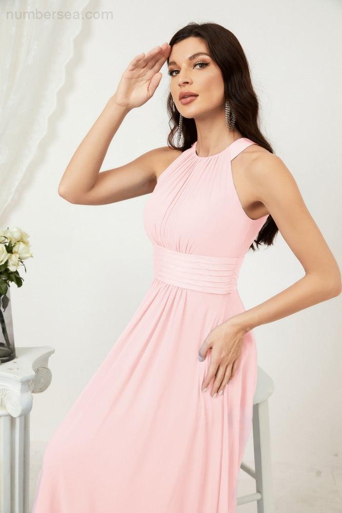 Vestido formal de fiesta Sunnderly de gasa con cuello halter, largo y sin mangas, para dama de honor SY2802 