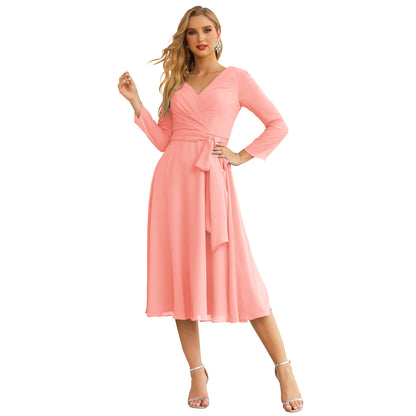 Sunnderly Chiffon Bridesmaid Dress V-Back Waist Belt Formal Prom Gown Mother of The Bride Wedding Guest
