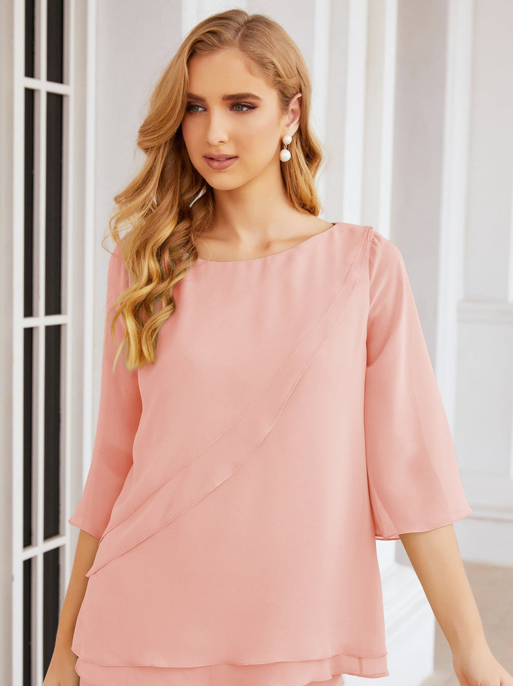 Elegante vestido de dos piezas para madre de la novia, talla grande, pantalón, capas con volantes, bata plateada SY28064 