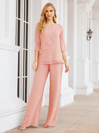 Elegante vestido de dos piezas para madre de la novia, talla grande, pantalón, capas con volantes, bata plateada SY28064 