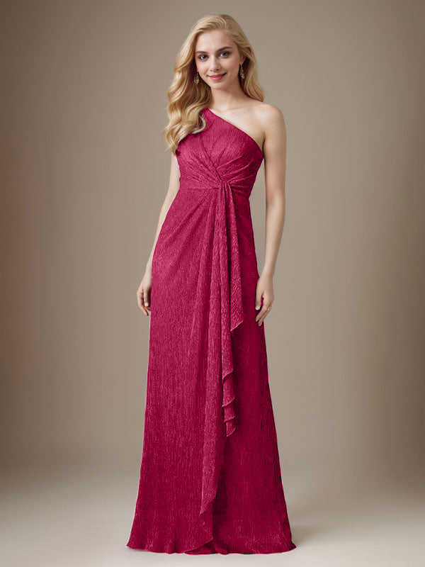 Vestido de madre de la novia con un solo hombro de malla metálica y corte rubí
