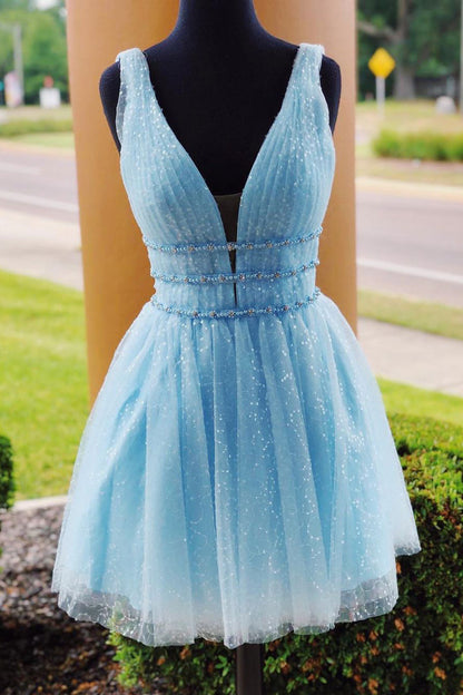 Vestidos de fiesta cortos en azul cielo con lentejuelas y cuentas brillantes para el regreso a casa 