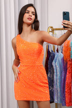 Vestido corto de fiesta con lentejuelas azul real, un hombro y abertura en la espalda