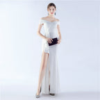Classic Satin Off Shoulder Long Evening Dress – Elegant & Timeless