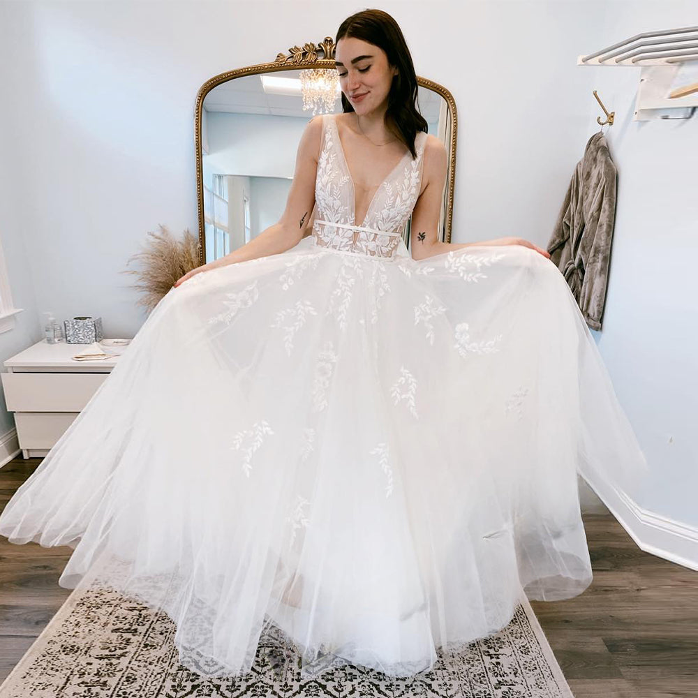 Pastrol Wedding Dresses V-neck Backless Tulle For Women 2023 Bride A-LINE Appliques Vestidos De Novia Made To Order-payinti