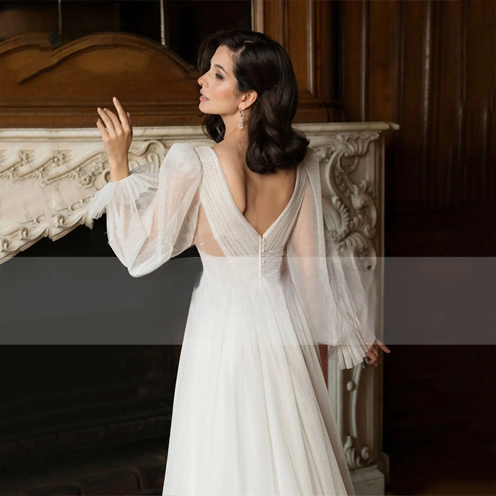 Elegant Glitter Tulle Deep V-Neck Wedding Dresses Princess Shiny Lantern Sleeves Backless A-Line Pleated Bridal Gowns-payinti