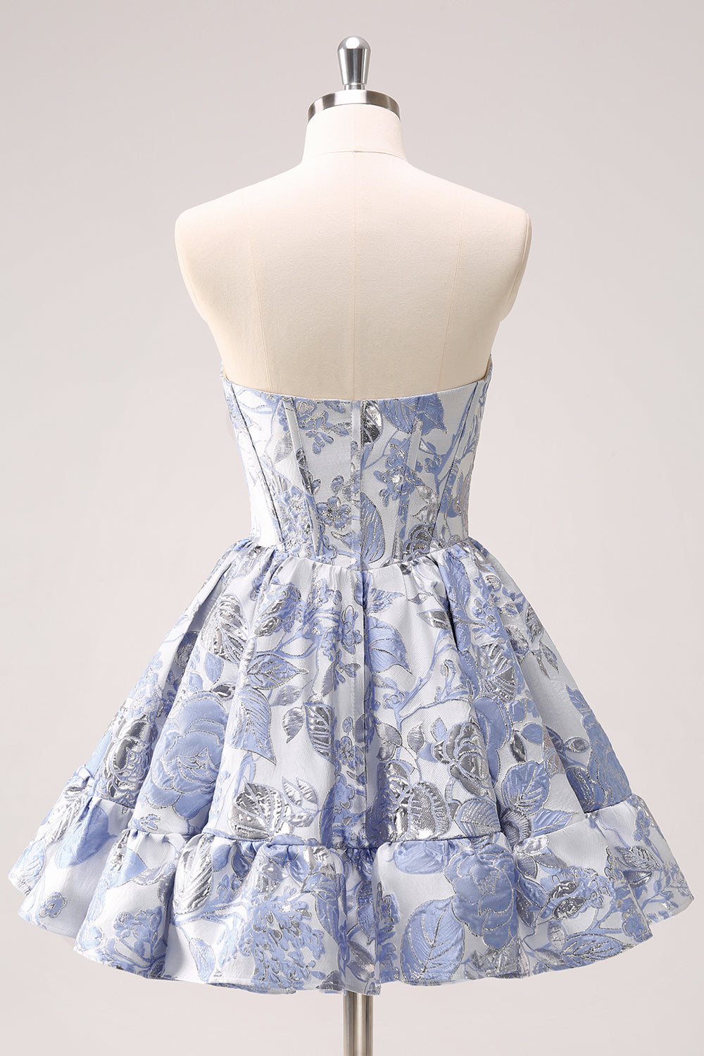 Vestido corto azul de fiesta con escote en forma de A, estampado de corazón, corsé y volantes