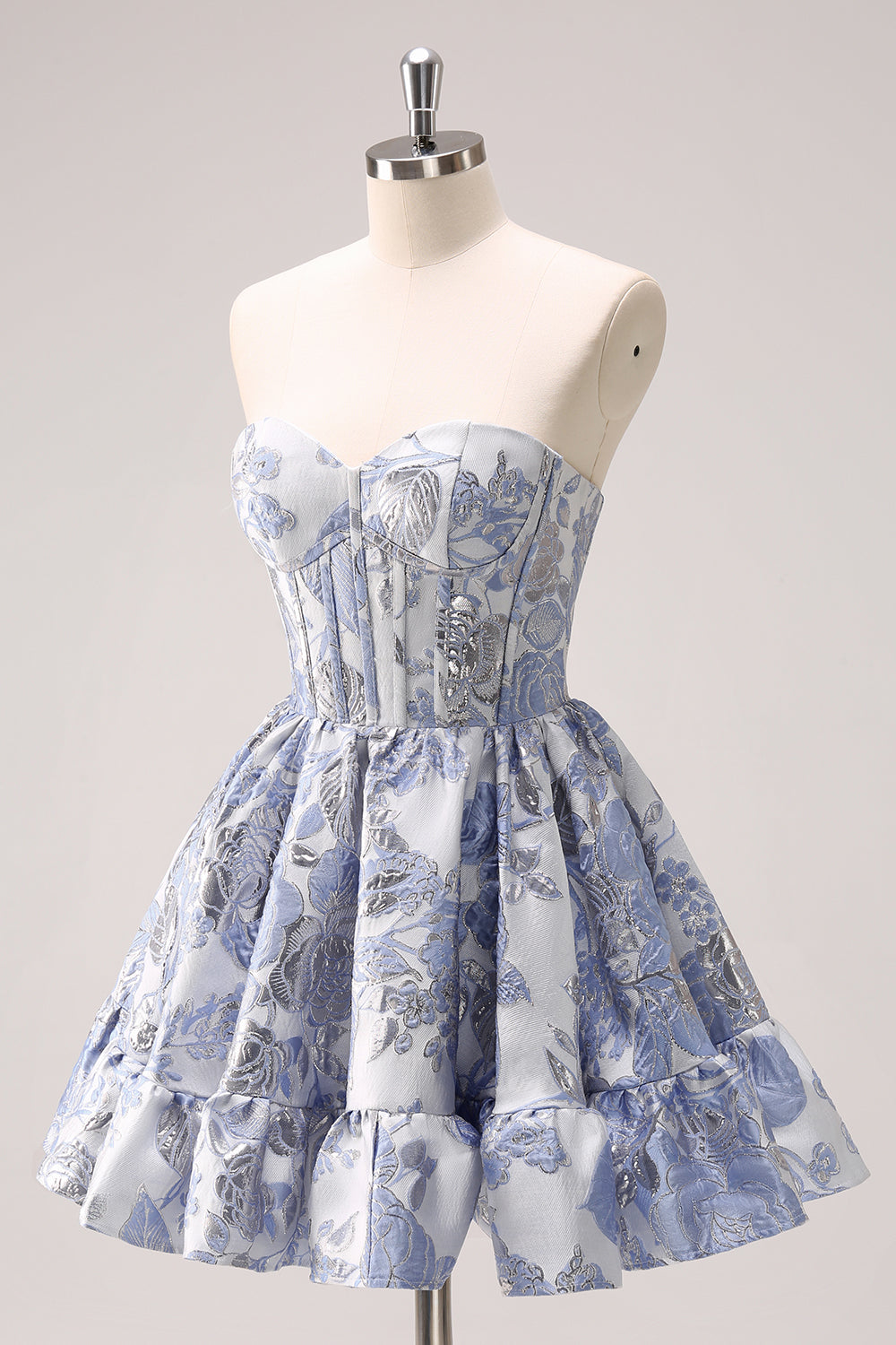 Vestido corto azul de fiesta con escote en forma de A, estampado de corazón, corsé y volantes