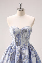 Vestido corto azul de fiesta con escote en forma de A, estampado de corazón, corsé y volantes