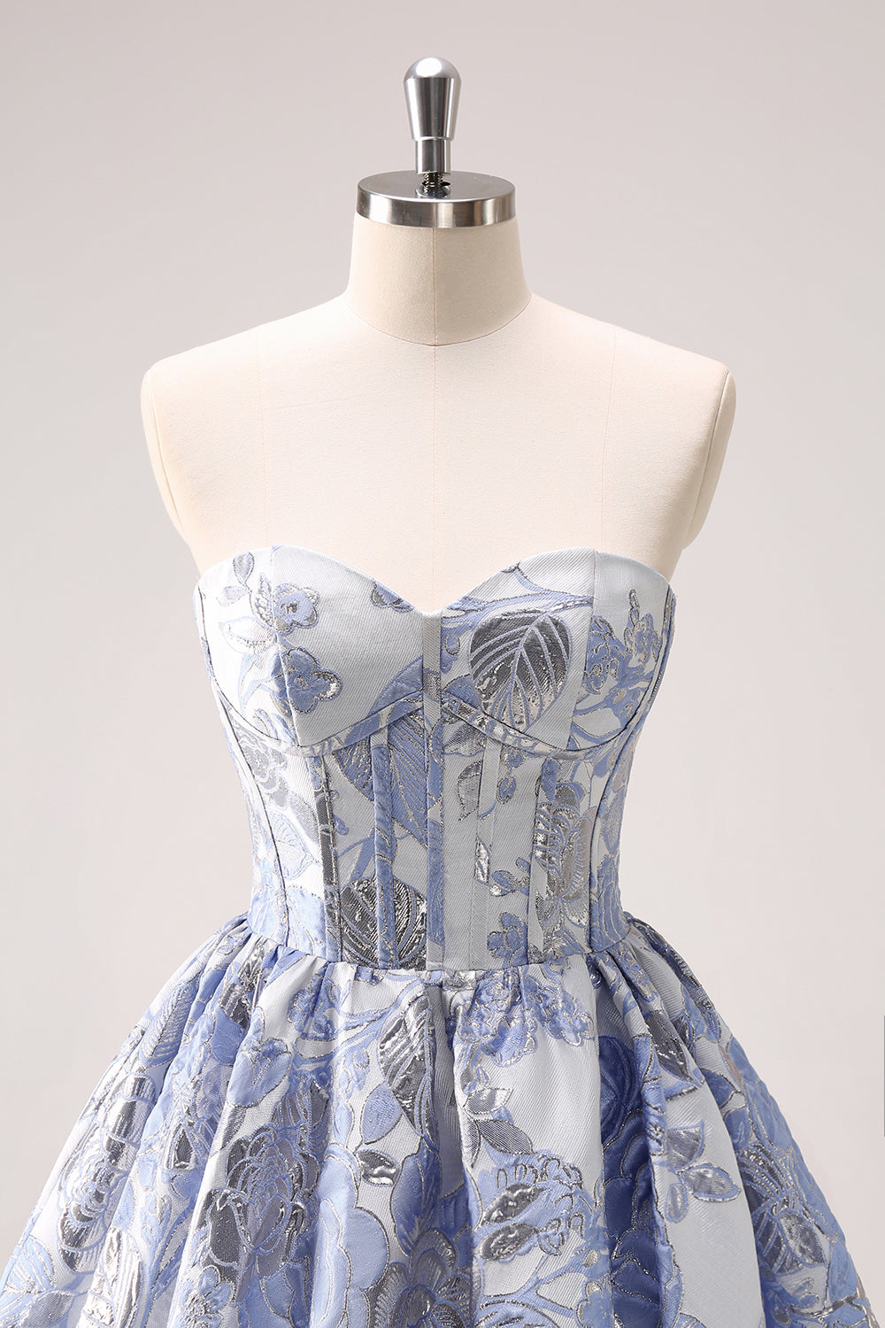 Vestido corto azul de fiesta con escote en forma de A, estampado de corazón, corsé y volantes