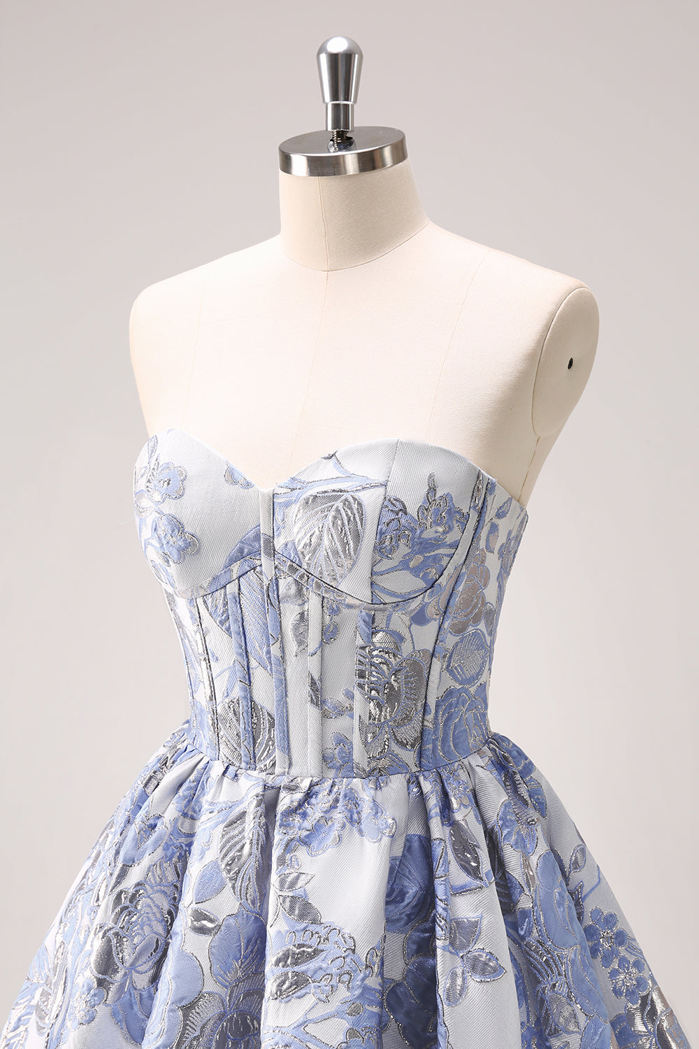 Vestido corto azul de fiesta con escote en forma de A, estampado de corazón, corsé y volantes