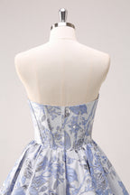 Vestido corto azul de fiesta con escote en forma de A, estampado de corazón, corsé y volantes
